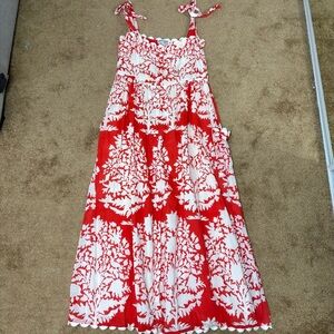 Juliet Dunn Tuckernuck Tie Shoulder Palladio  Print Midi Dress Red + White Sz S